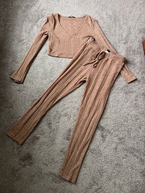 Shein Ribbed Knit Lounge Set Brown Crop Top & Pants Cozy SIZE S
